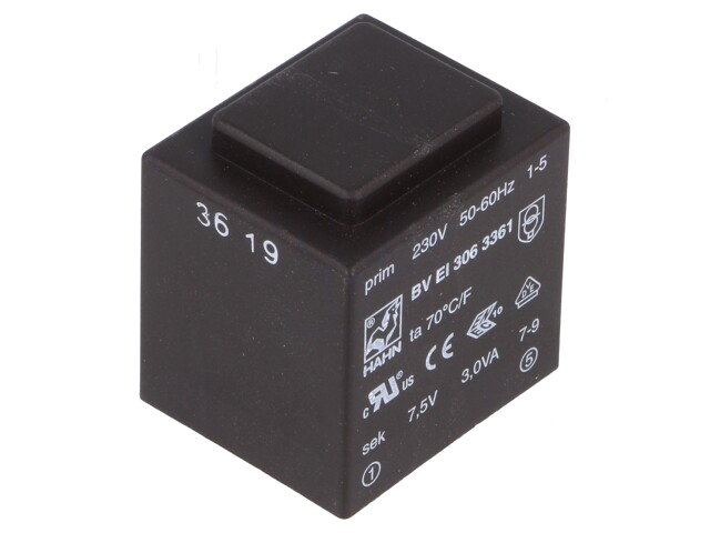 Transformator: ingegoten; 3VA; 230VAC; 7,5V; 400mA; PCB; BVEI Transformator: ingegoten; 3VA; 230VAC; 7,5V; 400mA; PCB; BVEI